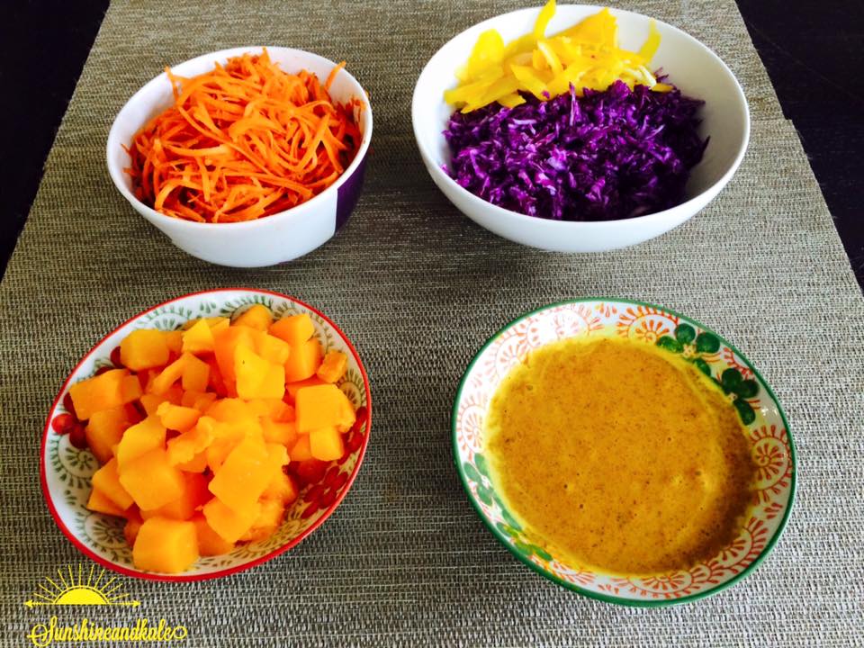 Rainbow Salad with Almond Carrot Ginger Sauce