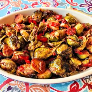 Roasted Brussels Sprouts with Red Pepper Tomato Sauce